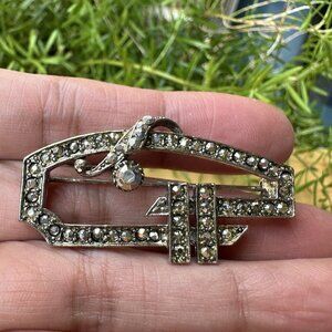 Vintage Art Deco Silver Tone Brooch Marcasite Ornate Pin 2" L‎ Signed ARS